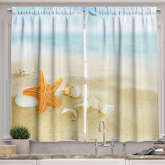 Ambesonne Starfish Long Kitchen Curtains, Tropical Caribbean Seacoast with Different Shells and Animals Relaxing Vacation, Two Panels Drapes with Rod Pocket Room Decor, 55" x 45", Sand Pale Blue