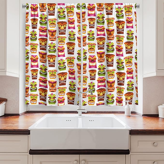 Ambesonne Tiki Bar Long Kitchen Curtains, Sixties Retro Inspired Hawaiian Party Happy Tiki Pattern Colorful, Two Panels Drapes with Rod Pocket Room Decor, 55" x 45", White Brown
