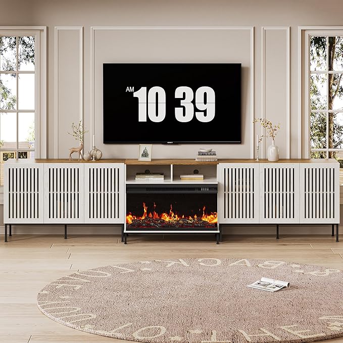 3-Sided Glass Farmhouse Fireplace TV Stand for TVs Up to 110 Inch, Entertainment Center with 36" Electric Fireplace, Antique White TV Console with Storage Cabinets for Living Room