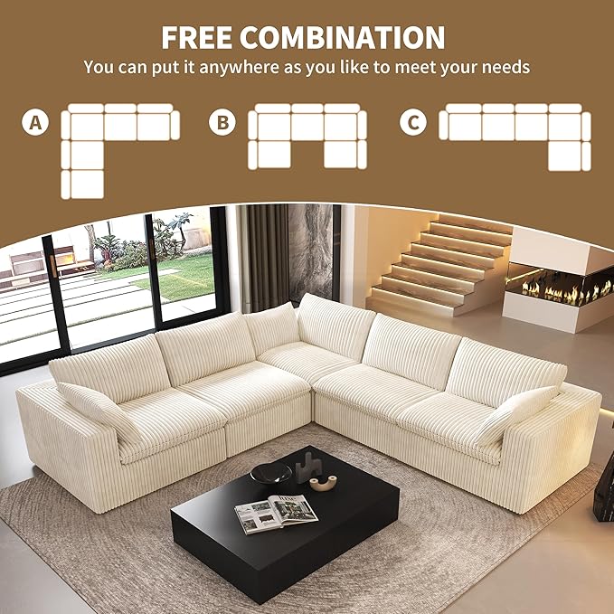118" V Shaped Corner Modern Sofa Modular Sectional Cloud Couch,Deep Seat Upholstered Couches with Plush Corduroy Fabric for Living Room Furniture,Bedroom and Apartment,No Assembly Required,White