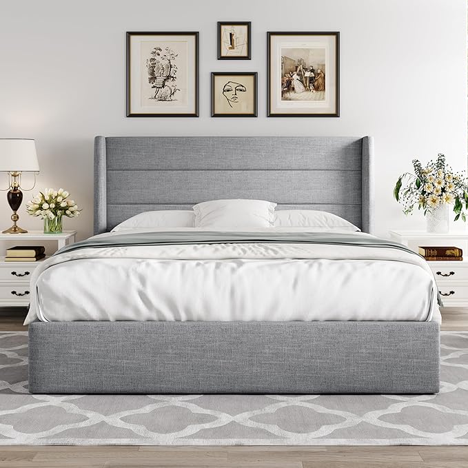 Allewie Queen Size Lift Up Storage Bed, Modern Wingback Headboard, Hydraulic Support, No Box Spring Needed, Light Grey