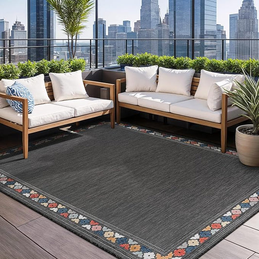 Beverly Rug Outdoor Rug 4x6 Modern Bordered Area Rugs for Indoor and Outdoor Patio Easy to Clean Non Shedding Living Room Porch Garden Washable Outside Carpet (4 x 6 Dark Gray)