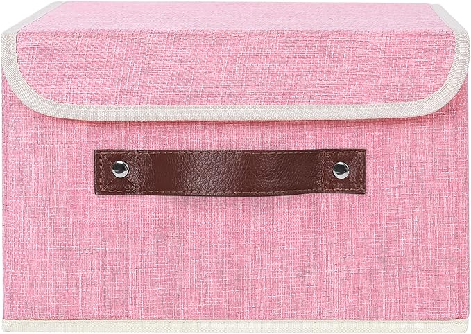 ANMINY Storage Bin with Lid Storage Boxes with PU Leather Handles PP Plastic Board Decorative Foldable Lidded Cotton Linen Fabric Home Cubes Baskets Closet Organizer Container - Pink, Small Size