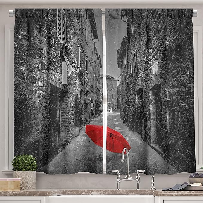 Ambesonne Black and White Kitchen Curtains, Red Umbrella on a Dark Narrow Street in Tuscany Italy Rainy Winter, Window Drapes 2 Panel Set for Kitchen Cafe Decor, 55" x 39", Light Brown