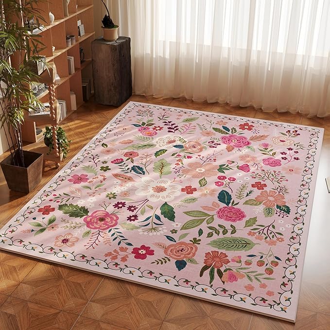 Bedroom Rug 3x5 Rug Washable Area Rug Non Slip Low Pile Boho Floral Small Carpet for Bedroom, Bedside, Kitchen, Entryway, Kids Room, Office, College Dorm Essentials for Girls(Pink)