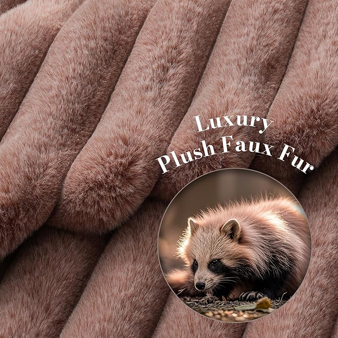 Amélie Home Faux Fur Throw Blanket for Couch, Ultra Cozy Fuzzy Fluffy Fur Luxurious Soft Striped Plush Gift Blankets for Family Sofa Chair Bed Living Room Bedroom, 55"x70", Ionic Fox Brown