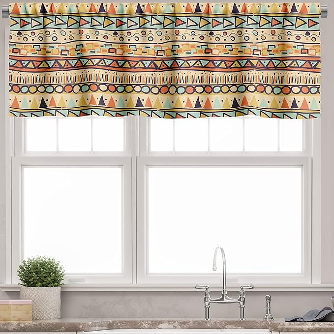 Ambesonne Prehistoric Valance & Tier Curtain 3 pcs Set, Mexican Style Doodles with Triangles Circles Folkloric Geometric Tribal, Window Treatments for Kitchen Room Decor, 55" x 45", Pastel Yellow