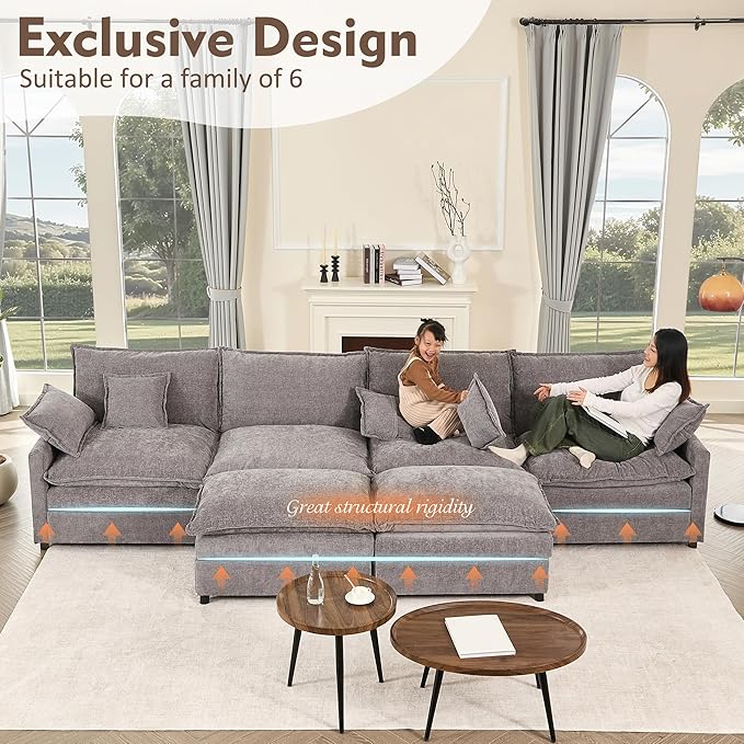 142.5" U Shaped Couch, Modular Sectional Sofa, 3-Seater Comfy Cloud Couch with Movable Ottoman, Deep Seat Couches for Living Room, Chenille, Slate