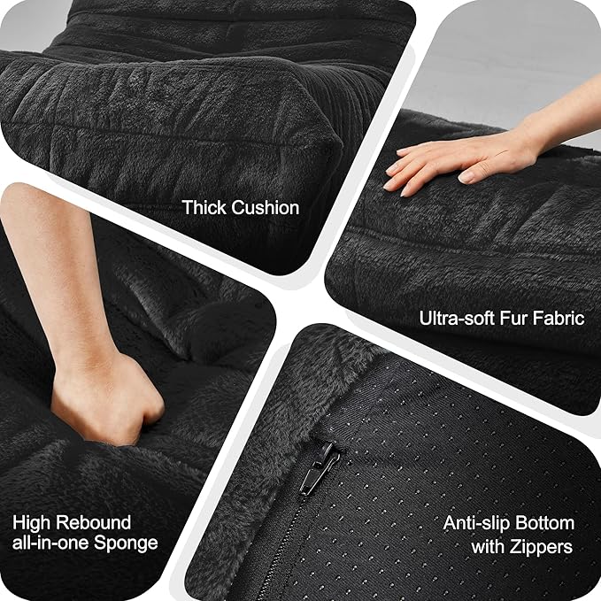 Bean Bag Chairs for Adults Giant Bean Bag Chair Memory Foam BeanBag Chair Big Bean Bag Sofa with Filler Faux Fur Fireside Beanbags Lazy Sofa for Living Room Bedroom Dorm Office (Black Plush)