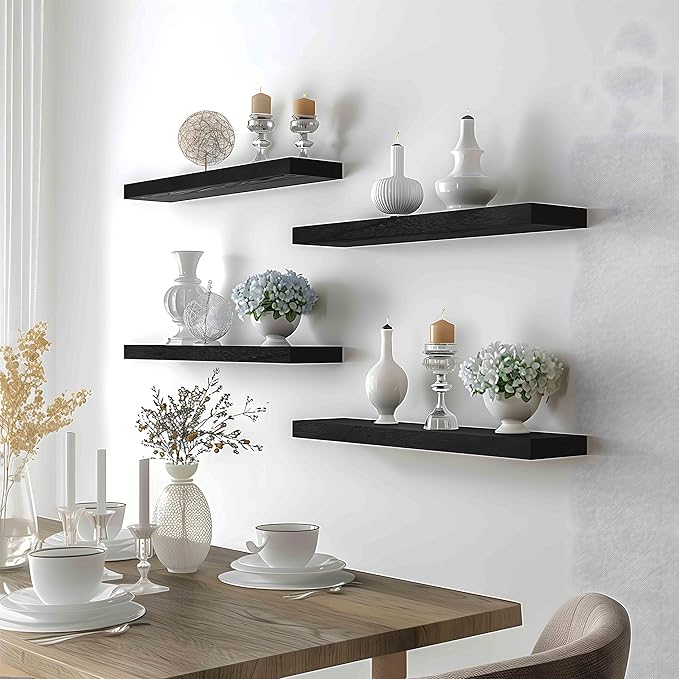 24 Inch Floating Shelves for Wall Rustic Black Wood Wall Shelves for Bedroom Set of 4