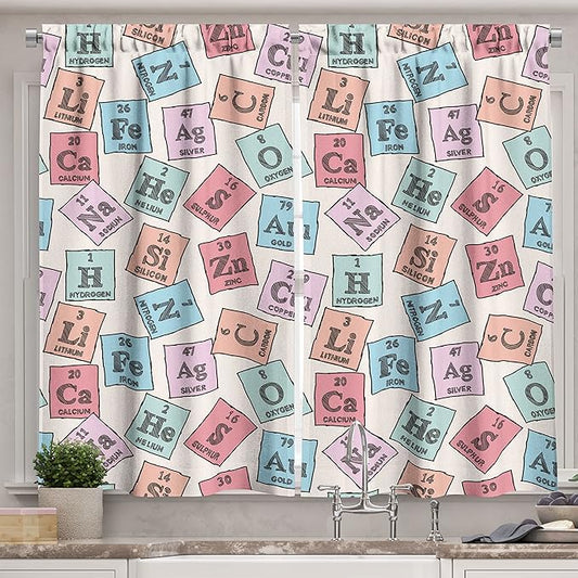 Ambesonne Periodic Table Kitchen Curtains, Sketch Style Chemistry Class Elements Science Camp Art Print, Window Drapes 2 Panel Set for Kitchen Cafe Decor, 55" x 39", Green Pink