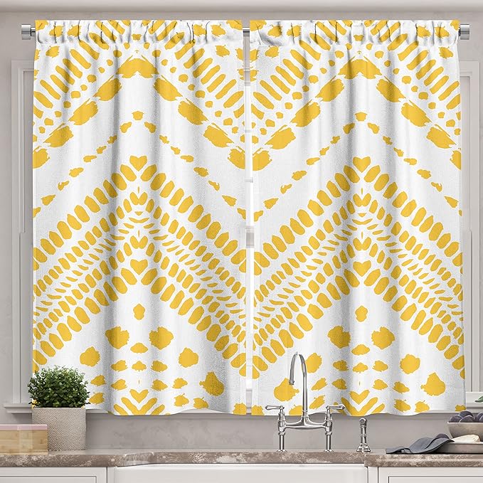 Ambesonne Yellow Chevron Long Kitchen Curtains, Hand Drawn Aztec Pattern Motif with Dashed Lines, Two Panels Drapes with Rod Pocket Room Decor, 55" x 45", Mustard White