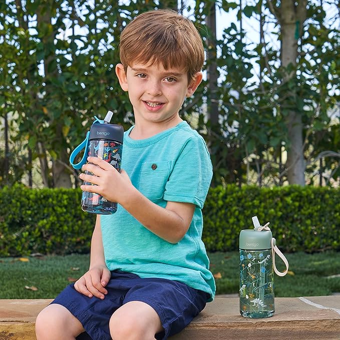 Bentgo Kids Water Bottle 2-Pack - Leak-Proof, Durable Tritan™, BPA-Free 15 oz Cup for Kids/Toddlers 3+; Flip-Up Straw; Dishwasher Safe for School/Sports/Daycare/Camp (Dinosaur/Dino Fossils)