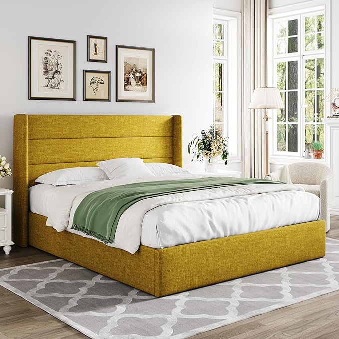 Allewie Full Size Lift Up Storage Bed, Modern Wingback Headboard, Hydraulic Support, No Box Spring Needed, Olive Yellow