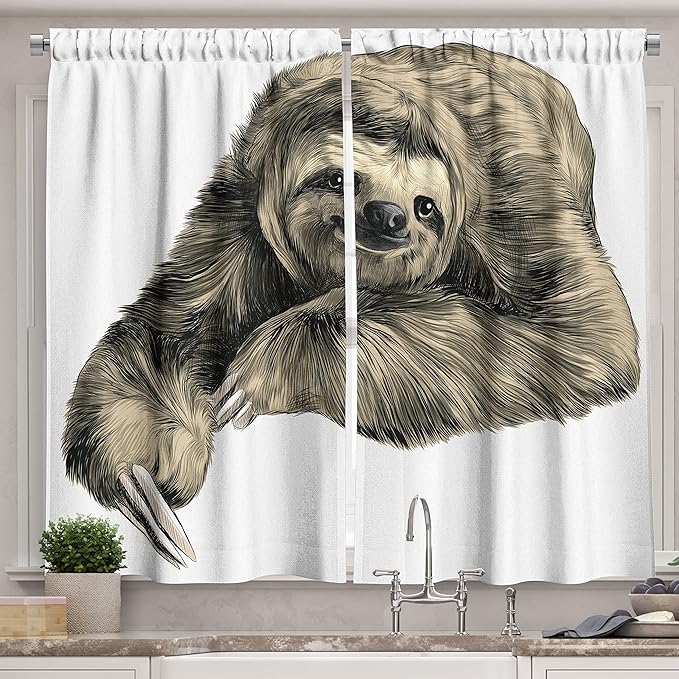 Ambesonne Sloth Long Kitchen Curtains, Sweetly Smiling Jungle Animals Lying Down with Crossed Legs Tropic Fauna Sketch, Two Panels Drapes with Rod Pocket Room Decor, 55" x 45", Black Ivory