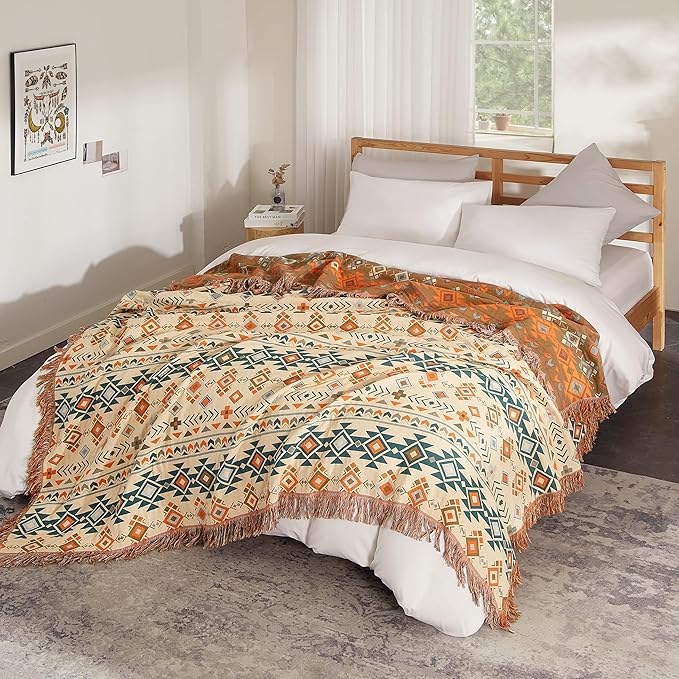 Boho Throw Blanket for Bed 90”x98”, 100% Cotton Woven Blanket for Couch Sofa, Ultra Soft 4-Layer Muslin Quilt with Diamond Pattern, Farmhouse Bed Blanket/Cover for Living Room Decor