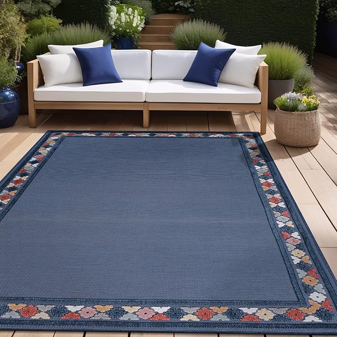 Beverly Rug Outdoor Rug 8x10 Modern Bordered Area Rugs for Indoor and Outdoor Patio Easy to Clean Non Shedding Living Room Porch Garden Washable Outside Carpet (8 x 10 Blue)