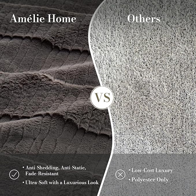 Amélie Home Luxury Striped Faux Fur Throw Blanket for Couch, Embossed Split Fur Cozy Fuzzy Fluffy Luxurious Soft Plush Sofa Chair Bed Gift Blankets for Women Men Wife Friend, 60"x80", Charcoal Gray