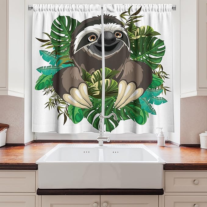 Ambesonne Sloth Kitchen Curtains, Cartoon Mammal on Tropical Jungle with Green Banana Leaves Character, Window Drapes 2 Panel Set for Kitchen Cafe Decor, 55" x 39", Chocolate Ivory
