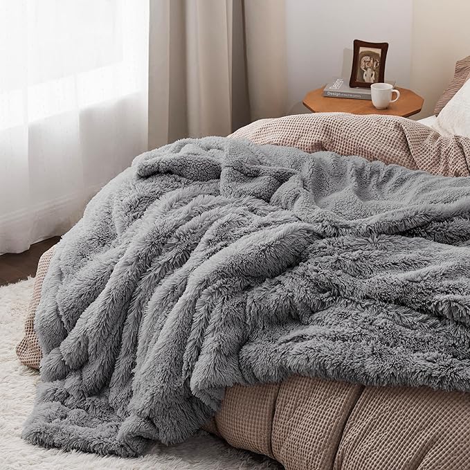 Bedsure GentleSoft Fluffy Grey King Size Blanket for Bed, Thick Soft Sherpa Faux Fur Fleece Bedding Fuzzy Plush Winter Warm Heavy Big Large King Blanket, Cozy Grey Gifts for Men Women, 108x90