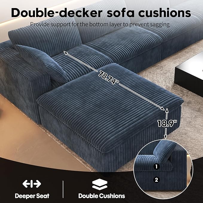 157.5" U Shaped Modern Sofa Modular Sectional Cloud Couch with 2 Ottoman,Deep Seat Upholstered Couches with Corduroy Fabric for Living Room Furniture,Bedroom and Apartment,No Assembly Required,Blue
