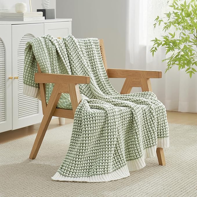 Amélie Home Chenille Waffle Throw Blanket for Couch, Reversible Pineapple Stitch Knit Soft Cozy Knit Blanket Lightweight Warm Decorative Throw for Sofa, Bed, Living Room, 60 * 80", Sage Green&Ivory