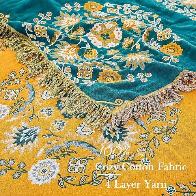 Boho Throw Blanket, 100% Cotton Ultra Soft Luxury Throw Rustic Quilt, Floral Printed Farmhouse Decor Bed Summer Blankets, All Season Rustic Reversible Bohemian Throw for Bed (80"x90" Yellow