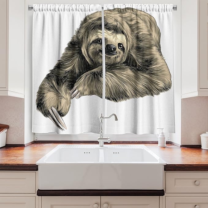 Ambesonne Sloth Long Kitchen Curtains, Sweetly Smiling Jungle Animals Lying Down with Crossed Legs Tropic Fauna Sketch, Two Panels Drapes with Rod Pocket Room Decor, 55" x 45", Black Ivory
