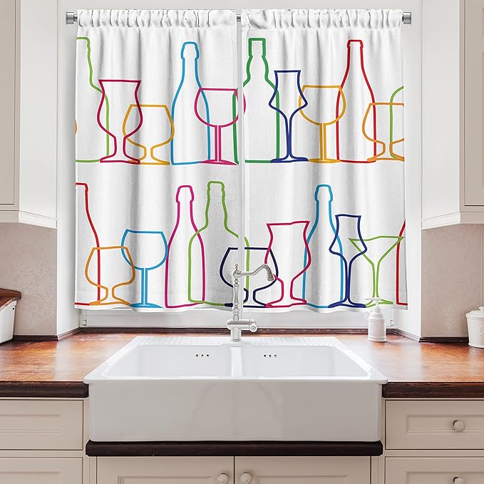 Ambesonne Wine Long Kitchen Curtains, Colorful Outline Bottles and Glasses Bar Party Drink Cocktails Modern Fun Pattern, Two Panels Drapes with Rod Pocket Room Decor, 55" x 45", Pink Green