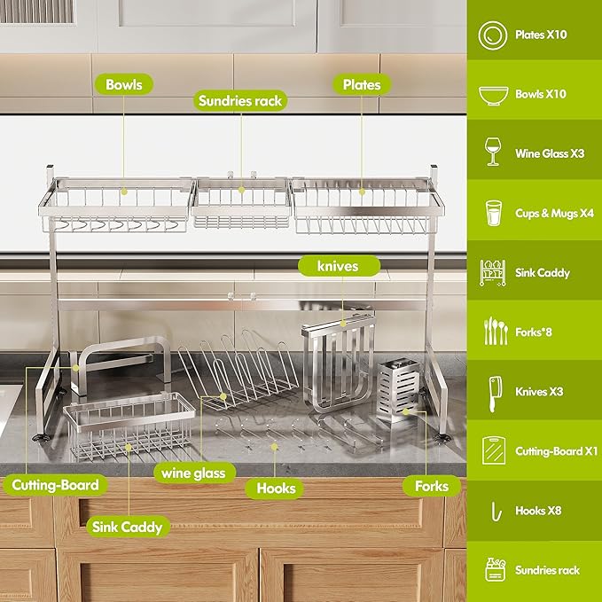 2 Tier Extra Large Stainless Steel Expandable Over The Sink Dish Drainer Drying Rack, Rust Proof Metal, Space Saving, Modern Silver Big Capacity Extendable Plate Strainers Above Kitchen Counter