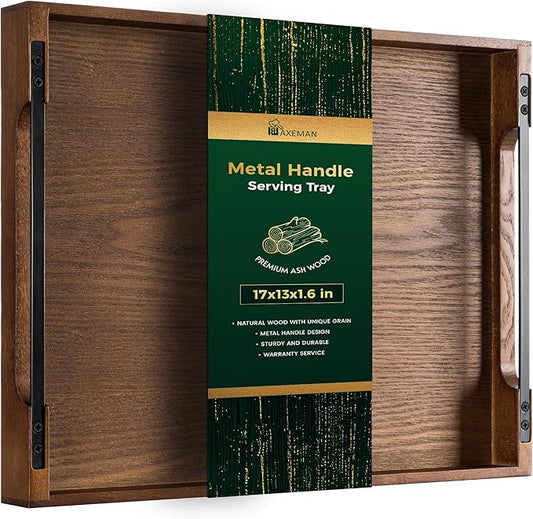 Axeman Wooden Serving Tray with Metal Handles|Ottoman Tray for Breakfast, Bed, Couch|17x13in Ash Wood Coffee Table Trays|Food Drinks Decorative Storage Boards for Ottoman Kitchen, Walnut