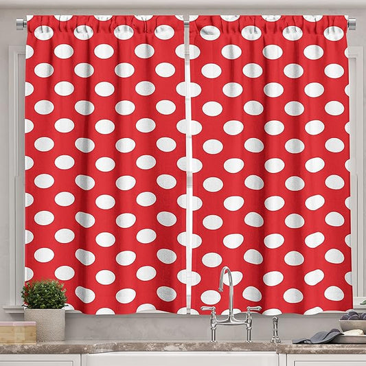 Ambesonne Retro Long Kitchen Curtains, 50s 60s Iconic Pop Art Style Big White Polka Dots Picnic Vintage Old Theme Image, Two Panels Drapes with Rod Pocket Room Decor, 55" x 45", Vermilion White