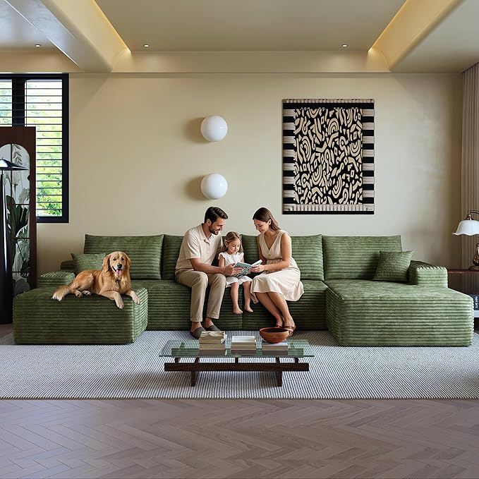 108" Sectional Couches for Living Room Modern Modular Sofa with L-Shape Couchs Upholstered Boneless Couch Deep Seat Sectional Couch with Chaise (Green, Right Facing Chaise+3Seaters+Ottoman)
