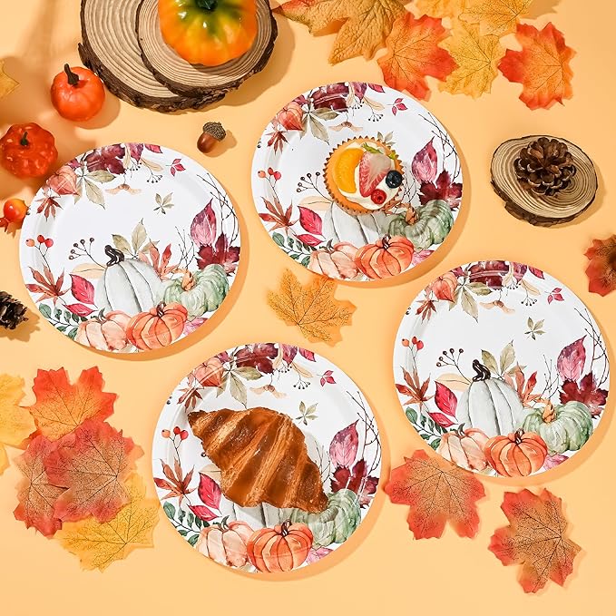 AllReal Fall Pumpkins Paper Plates Rustic Pumpkin Leaves Disposable Party Plate 7" Thanksgiving Autumn Dessert Plate for Birthday Baby Shower Party Supplies Table Decor (48)