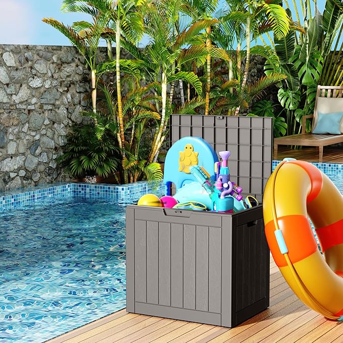 31 Gallon Resin Deck Box, Lockable Patio Outdoor Storage Box for Furniture, Garden Tools and Tools Storage, Waterproof Outside Storage Boxes - Grey