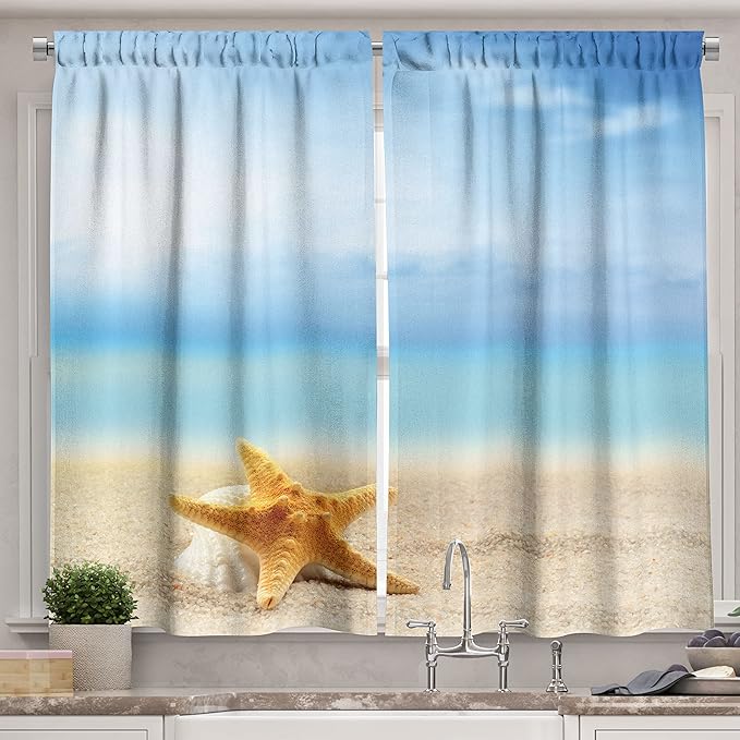 Ambesonne Starfish Long Kitchen Curtains, Scallop Seashell and Starfish Close up Sandy Beach Idyllic Ocean Backdrop Design, Two Panels Drapes with Rod Pocket Room Decor, 55" x 45", Earth Yellow