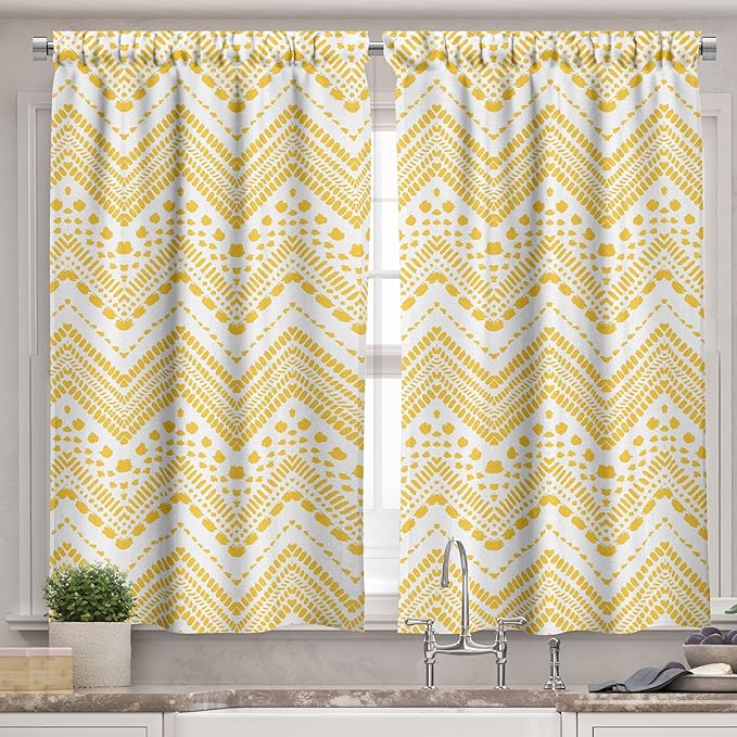 Ambesonne Yellow Chevron Valance & Tier Curtain 3 pcs Set, Hand Drawn Aztec Pattern Primitive Clan Motif with Dashed Lines Artwork, Window Treatments for Kitchen Room Decor, 55" x 45", Mustard White
