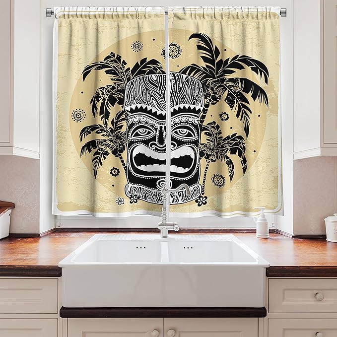 Ambesonne Tiki Bar Kitchen Curtains, Hawaii Tiki Palm Trees Ornate Flowers Sunny Summer Party Print, Window Drapes 2 Panel Set for Kitchen Cafe Decor, 55" x 39", Yellow Ivory
