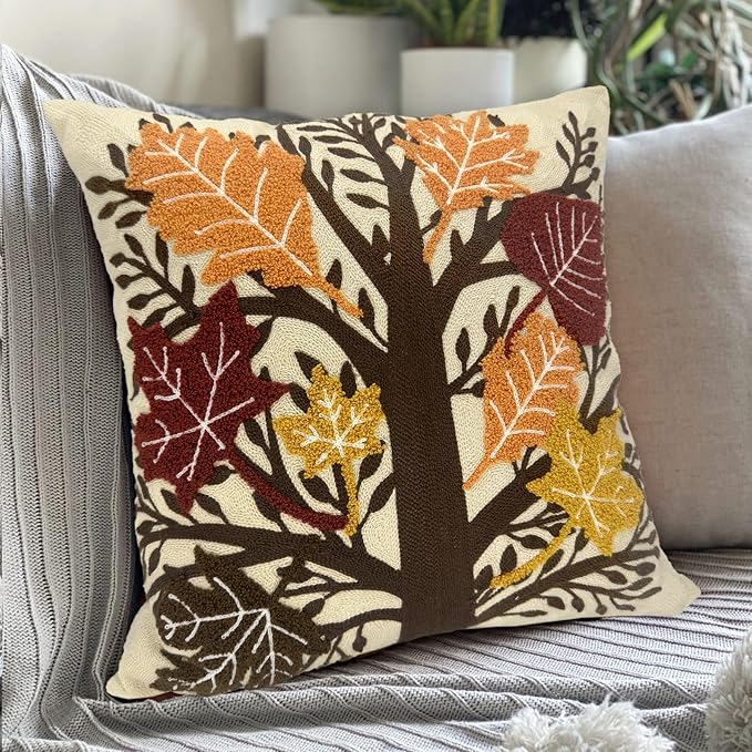 Alysheer Embroidered Fall Decorative Throw Pillow Cover 18"x 18", Boho Farmhouse Cottage Tufted Embroidery Pattern Cotton Canvas Orange Cushion Case for Sofa Couch Bed Living Room Decor(Maple Leaves)