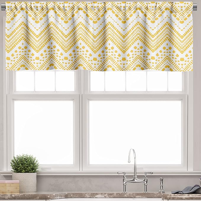 Ambesonne Yellow Chevron Valance & Tier Curtain 3 pcs Set, Hand Drawn Aztec Pattern Primitive Clan Motif with Dashed Lines Artwork, Window Treatments for Kitchen Room Decor, 55" x 45", Mustard White