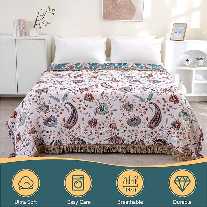 Boho Large Cotton Throw Blanket 80''x90'',Ultra Soft Rustic Quilt,Sofa Throw Cover with Tassels,Farmhouse Lightweight Knitted Throw for Bed,Travel,Couch,Home Decor