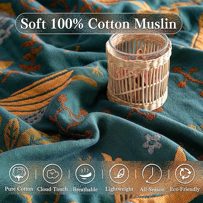 Boho Throw Blanket Twin Size, Soft Cozy Cotton Muslin Quilt Blanket for Bed Decor, Bird Patterned Couch Sofa Chair Cover, Vintage Farmhouse Cottage Tapestry Woven Blanket, Green&Beige