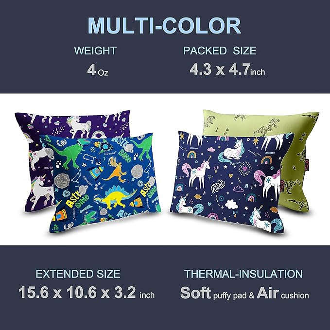 Boys Inflatable Camping Pillow Lite Kids w. Removable X-Form Padded Cover | Space Dinosaur | Comfort, Washable, Compact, Ultralight, Packable | Backpacking Hiking Travel Air Sleepover Scout