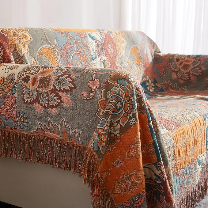 Boho Throw Blanket for Couch Sofa Bed, 100% Cotton Woven Quilt with Tassel 60”x80”, Super Soft Muslin Blanket with Floral Printed, Decorative Reversible Bed Blanket/Cover for All Seasons