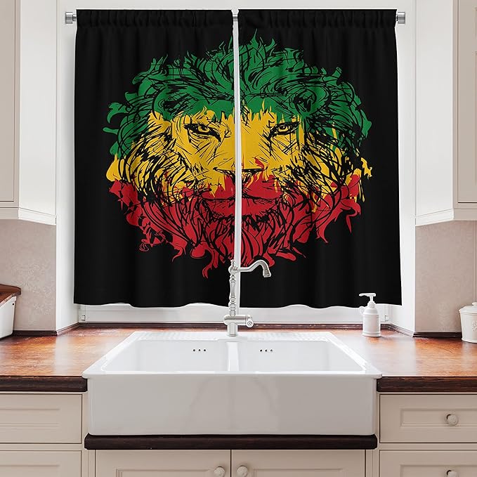 Ambesonne Rasta Long Kitchen Curtains, Ethiopian Flag Colors on Grunge Sketchy Lion Head with Black Backdrop, Two Panels Drapes with Rod Pocket Room Decor, 55" x 45", Pale Lime Green