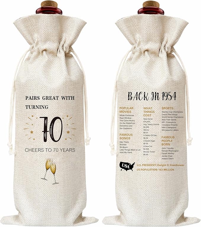 70th Birthday Wine Gift Bag, Cotton Burlap Wine Bags, 1954 Wine Bottle Cover Bag Birthday Gifts for Women, Men, Friends, Co-workers, Teachers, Grandpa, Grandma(03)