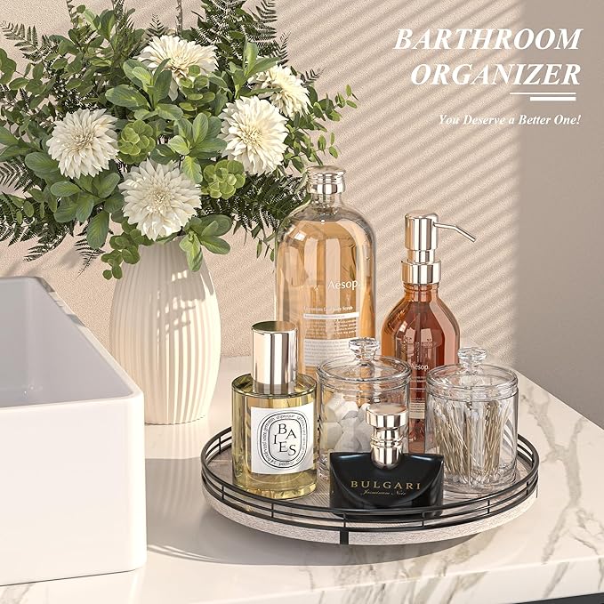 12" Farmhouse Lazy Susan for Kitchen & Coffee Table Decor – Rustic Wood Tray with Black Metal Frame, Decorative Centerpiece for Dining Room, Ottoman, Living Room, Serving or Vanity Use