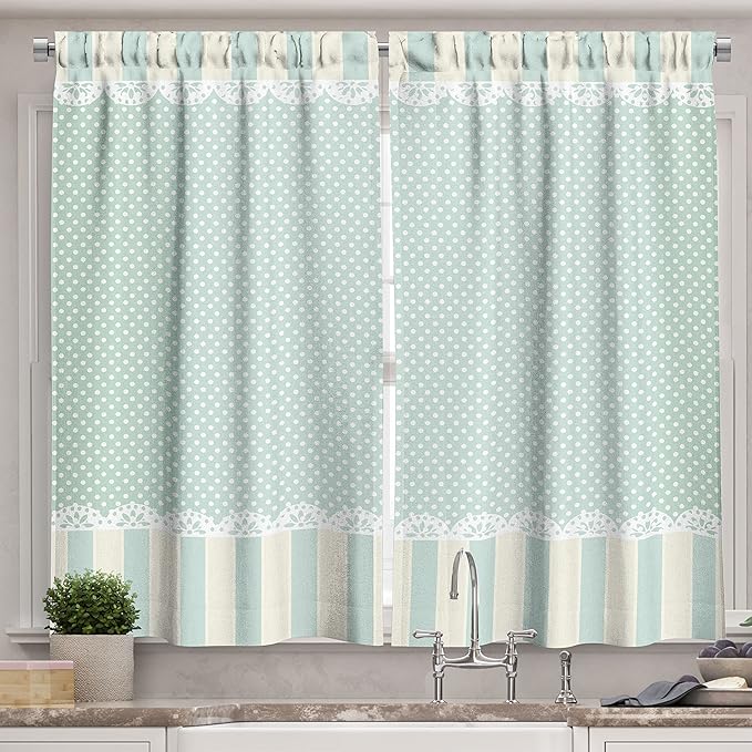 Ambesonne Shabby Flora Long Kitchen Curtains, Traditional Old Fashioned Vertical Stripes Ornaments and Dots, Two Panels Drapes with Rod Pocket Room Decor, 55" x 45", Green White