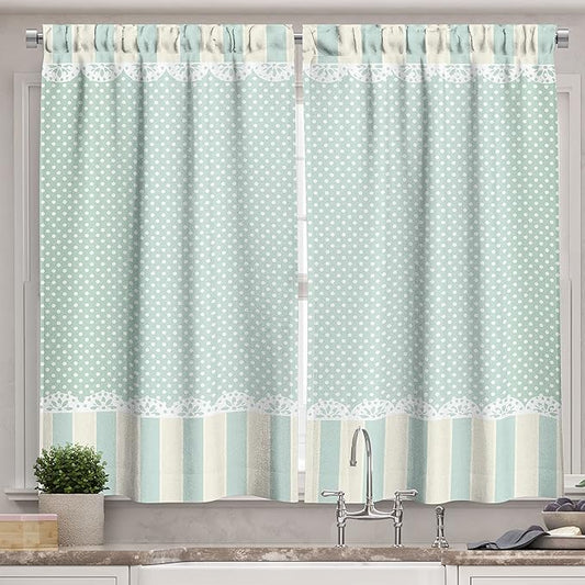 Ambesonne Shabby Flora Long Kitchen Curtains, Traditional Old Fashioned Vertical Stripes Ornaments and Dots, Two Panels Drapes with Rod Pocket Room Decor, 55" x 45", Green White