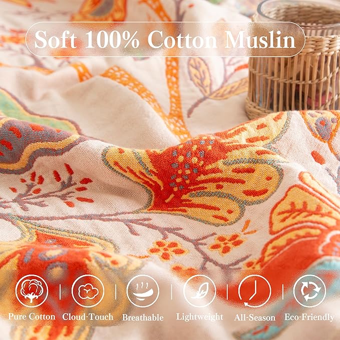 Boho Throw Blanket Queen Size, Soft Cozy Cotton Muslin Quilt Blanket for Bed Decor, Floral Patterned Couch Sofa Chair Cover, Vintage Farmhouse Cottage Tapestry Woven Blanket, Coral&Green